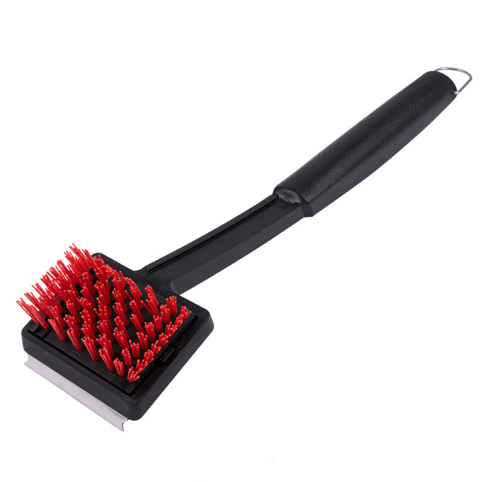 Black grill brush with red bristles and long handle.