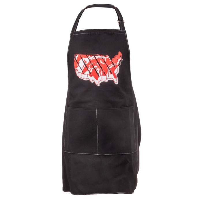 Black apron with red and white USA map design, featuring pockets.