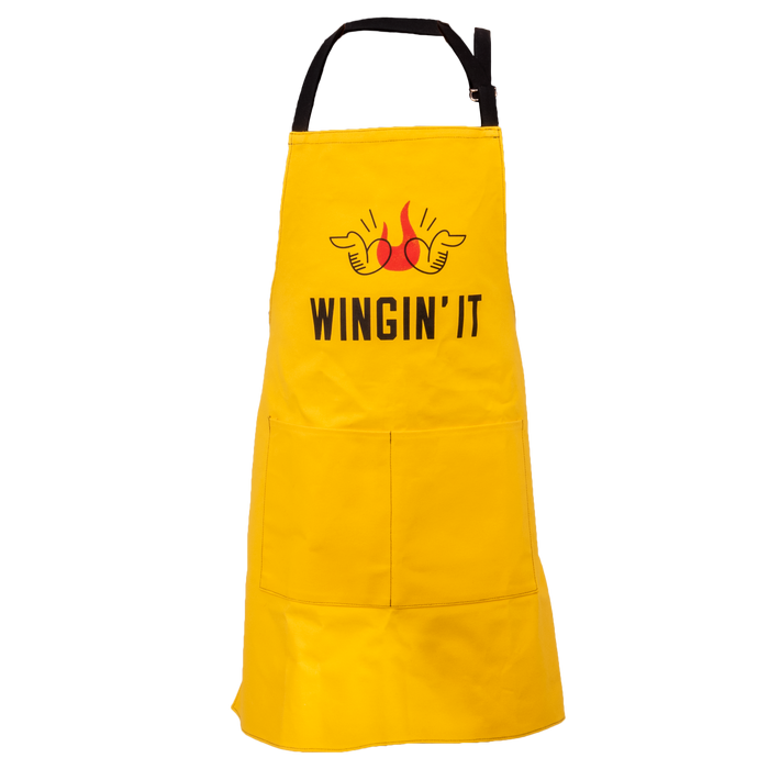 Yellow apron with "WINGIN' IT" text and flaming wing design.