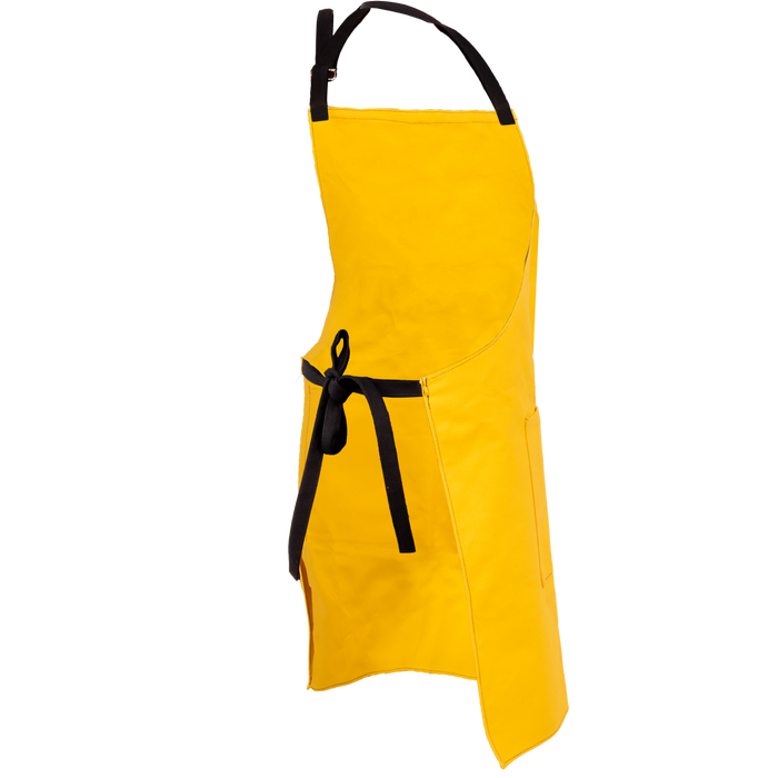 Yellow apron with black straps and tie, adjustable waist.