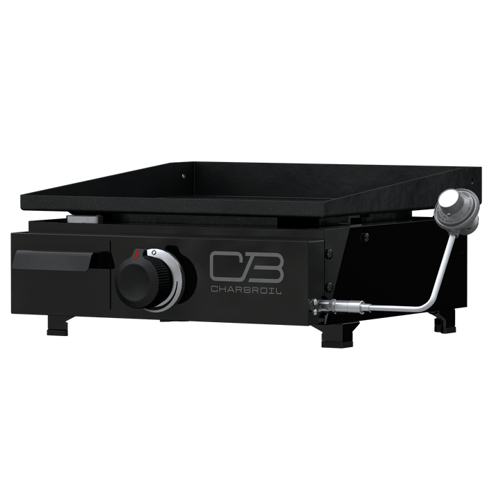 Black Char-Broil electric grill with control knobs and hose.