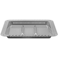 Silver rectangular grill tray with three compartments and perforated edges.