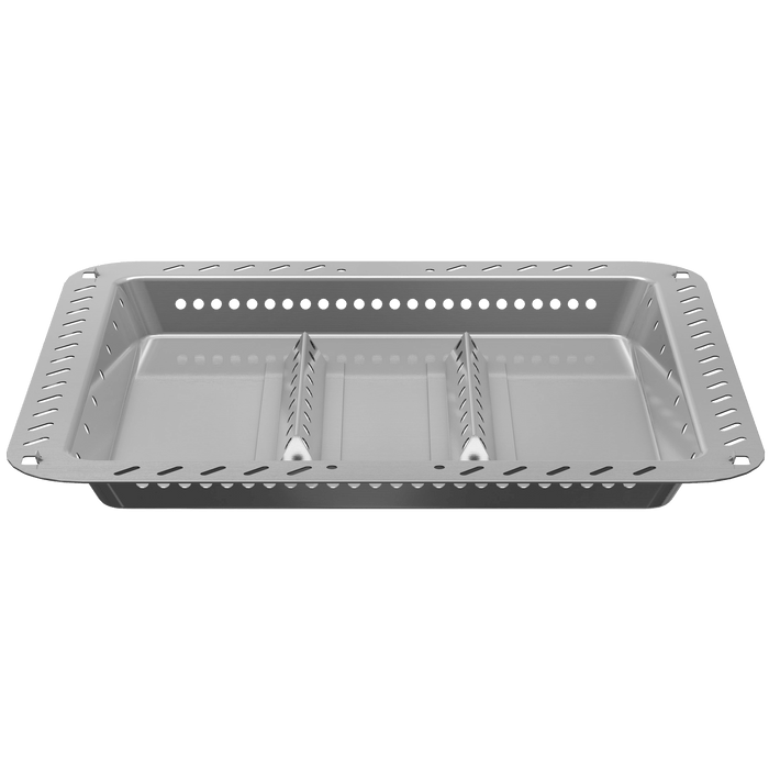 Silver rectangular grill tray with three compartments and perforated edges.