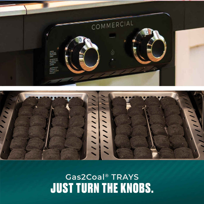 Black commercial-grade oven with dual control knobs and two trays of charcoal briquettes.