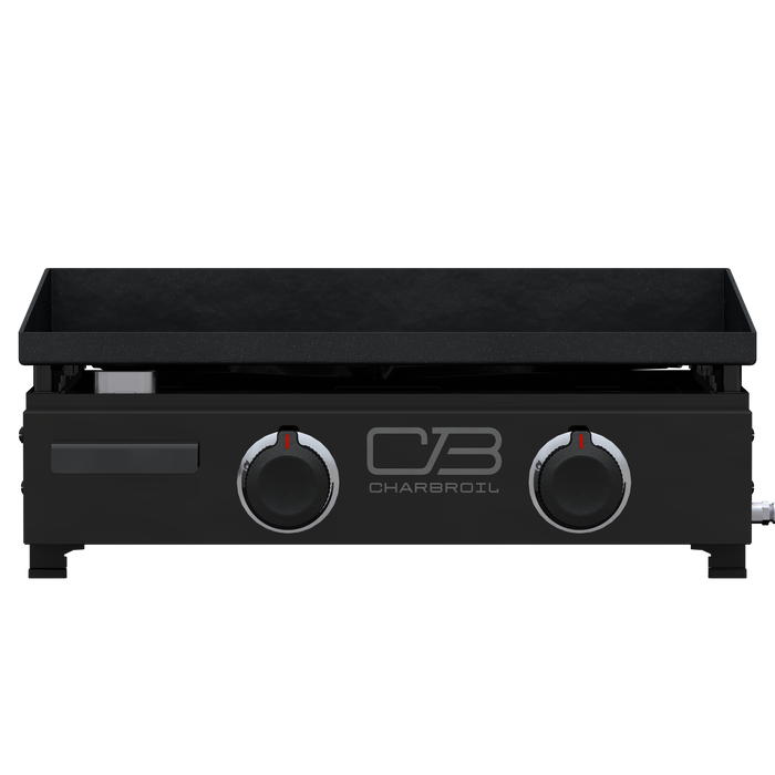 Black Char-Broil flat-top grill with dual control knobs.