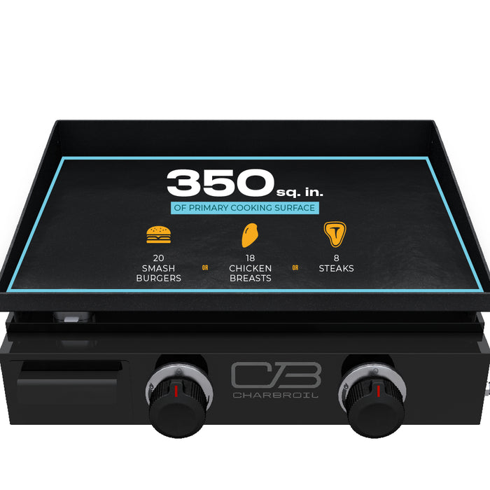 Black Char-Broil flat-top grill with 350 sq. in. cooking surface, handles 20 smash burgers, 18 chicken breasts, or 8 steaks.