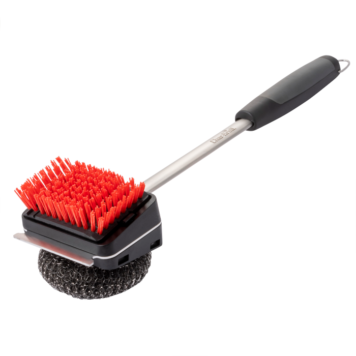 Red Char-Broil grill brush with metal bristles and steel scrubber.