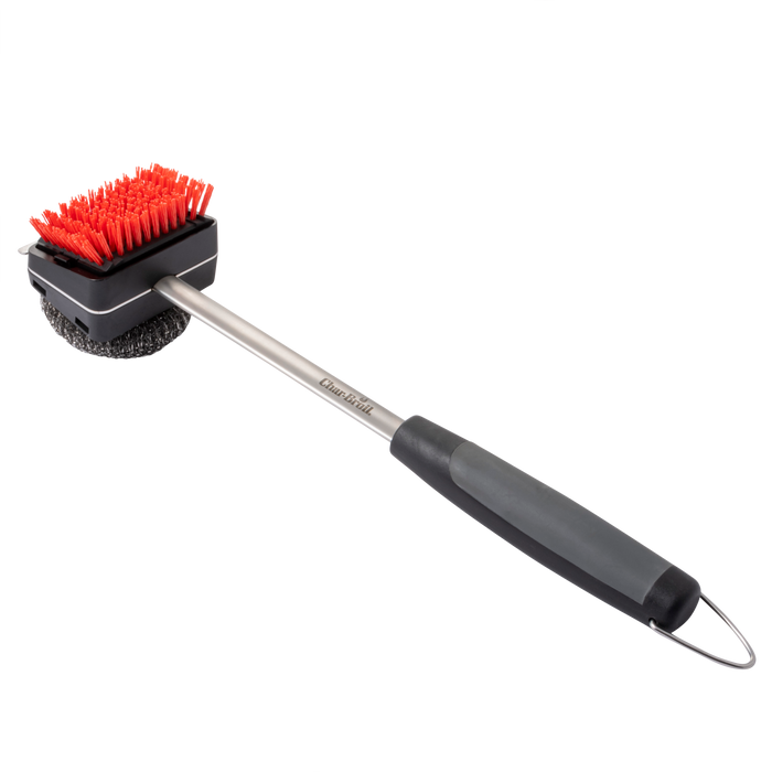 Char-Broil grill brush with red bristles and black handle.