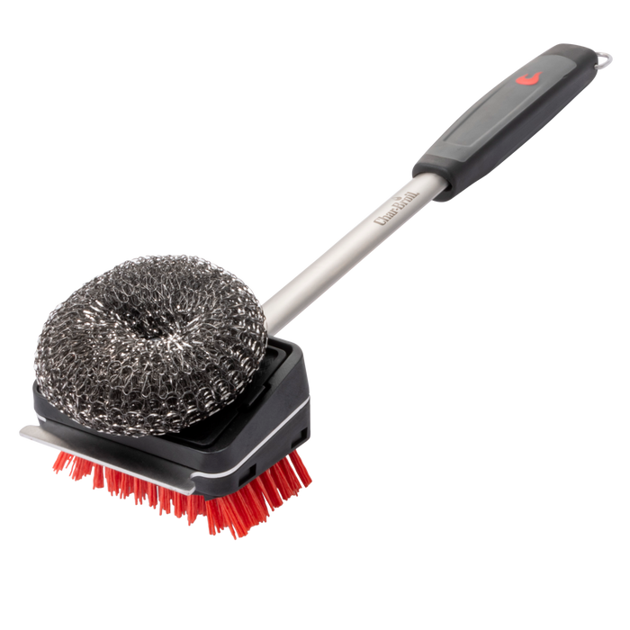 Black Char-Broil grill brush with red bristles and steel scrubber.