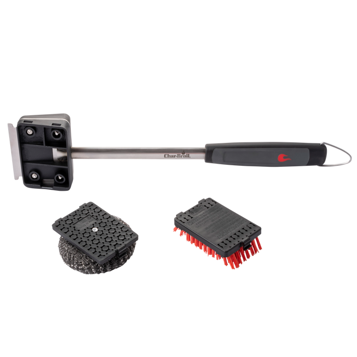 Char-Broil grill cleaning brush set with black handle and red/gray brushes.