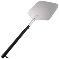 Silver pizza peel with black handle and metal rivets.