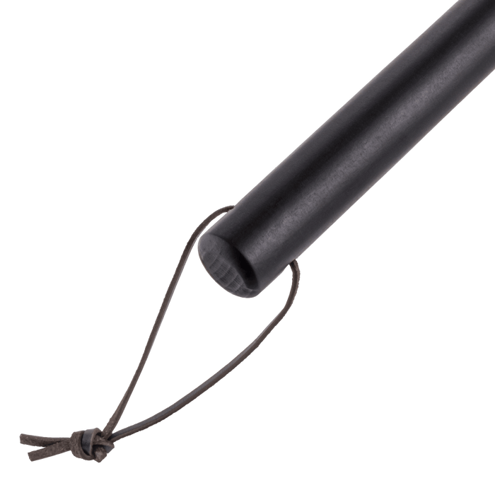 Black telescoping baton with adjustable cord and wrist strap.