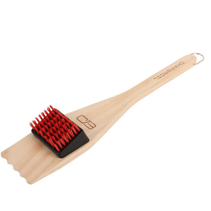 Lightwood Char-Broil BBQ brush with red bristles and black handle.