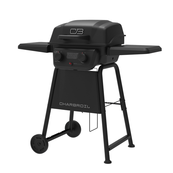 Black Char-Broil electric grill with wheels and side shelves.