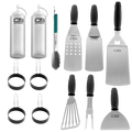White Char-Broil grilling tools set with spatulas, tongs, and egg rings.