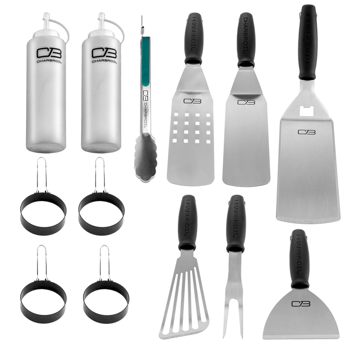 White Char-Broil grilling tools set with spatulas, tongs, and egg rings.