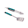 Silver Char-Broil tongs and spatula set with teal handles.
