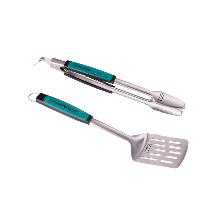 Silver Char-Broil tongs and spatula set with teal handles.
