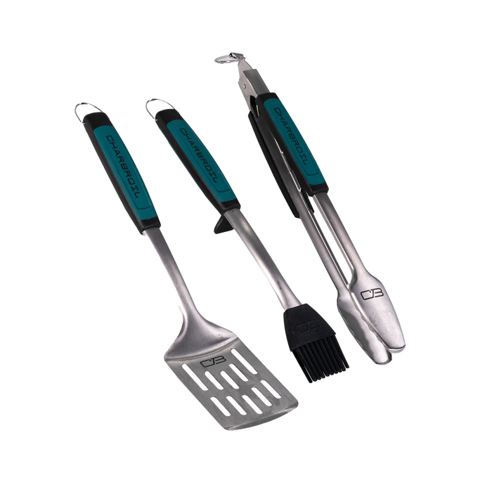 Set of Char-Broil stainless steel grilling tools with teal handles.