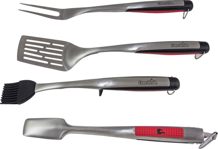 Set of Char-Broil stainless steel barbecue tools with red accents.