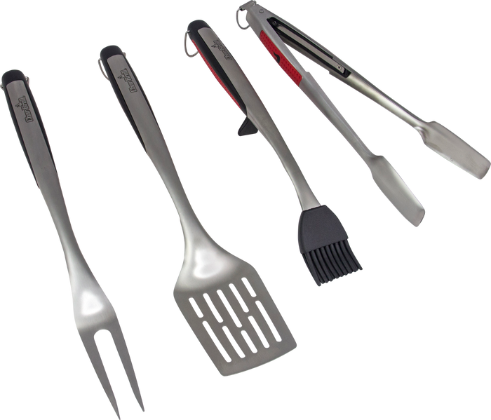 Set of stainless steel kitchen tools including fork, spatula, brush, and tongs.