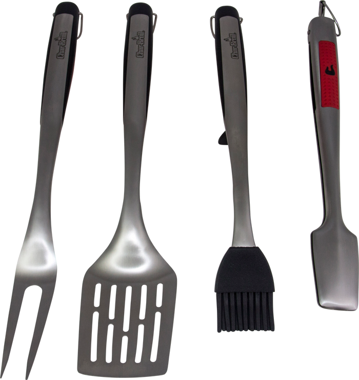 Set of four black and silver cooking utensils with "Churchill" branding.
