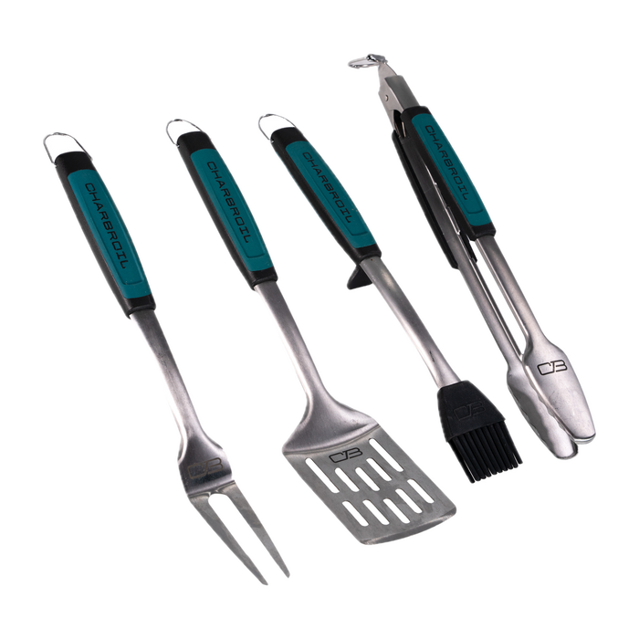 "Set of four stainless steel Char-Broil barbecue tools with teal accents."