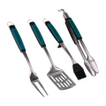 "Set of four stainless steel Char-Broil barbecue tools with teal accents."