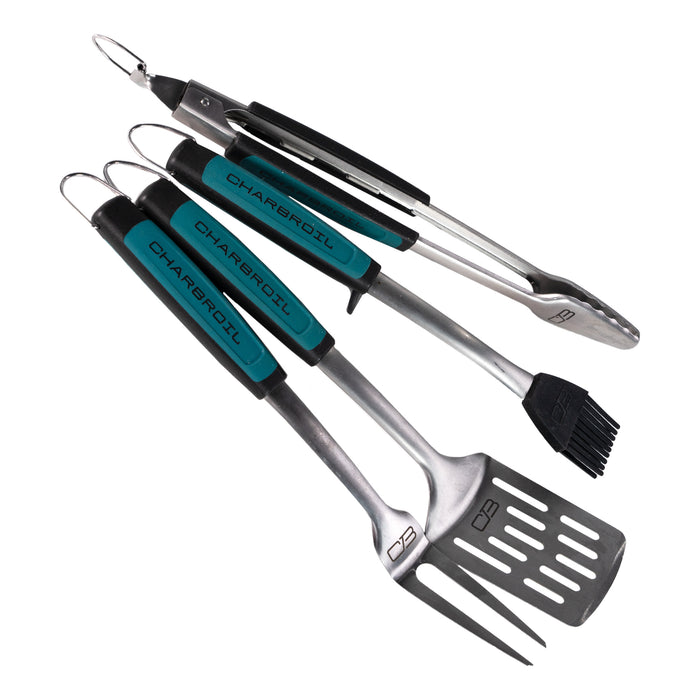 Char-Broil BBQ tools set: tongs, spatula, brush, turquoise handles.