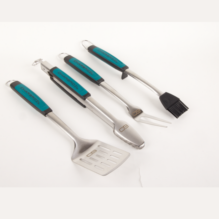 Char-Broil 4-piece BBQ tool set with black and teal handles.