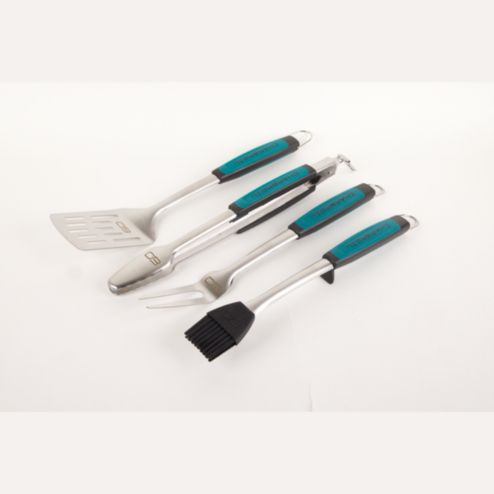 "Teal and black Char-Broil BBQ tool set with spatula, tongs, and brush."