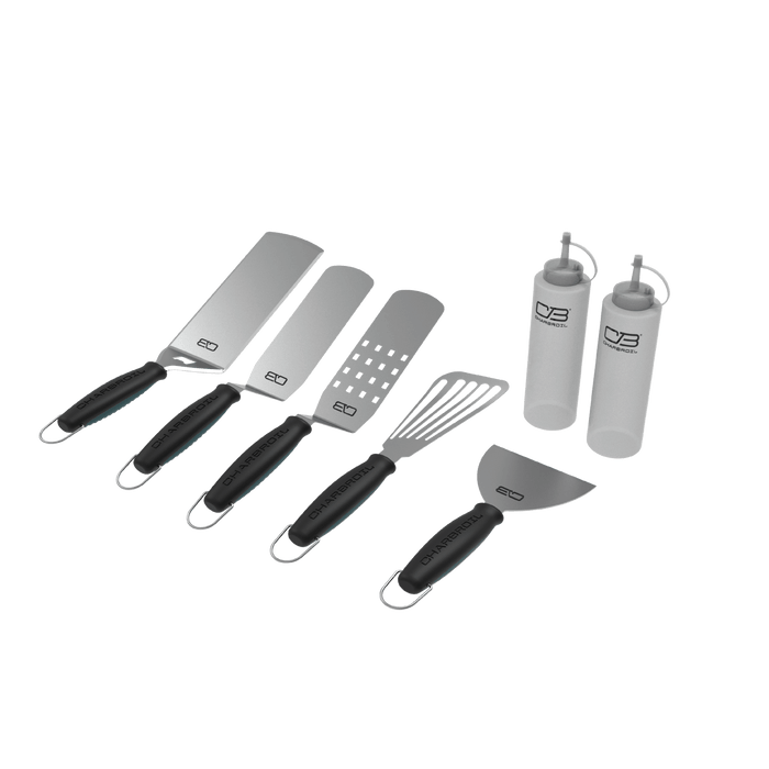 Gray and black kitchen tools set with Char-Broil branding.