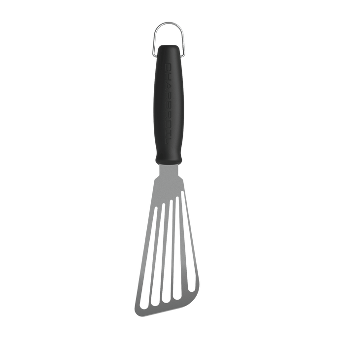 Black Char-Broil spatula with metal tines and hanging loop.