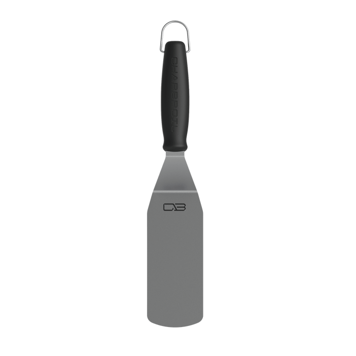 Black OXO Good Grips spatula with stainless steel blade and hanging loop.