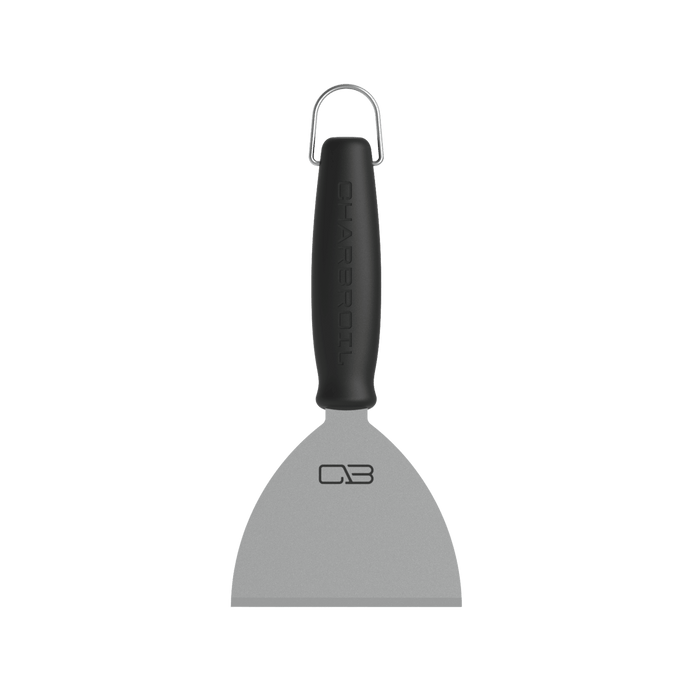 Black Char-Broil scraper with silver blade and hook.