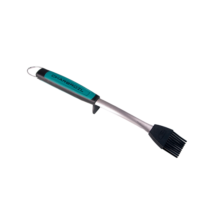 Teal and black Char-Broil grill brush with metal handle and silicone bristles.