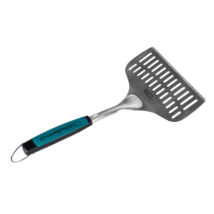 Teal and black Char-Broil spatula with perforated head and hanging loop.