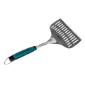 Teal and black Char-Broil spatula with perforated head and hanging loop.