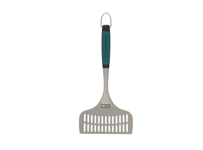 Teal Char-Broil spatula with metal handle and hanging loop.