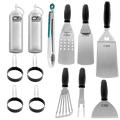White and black Char-Broil cooking tools set with tongs, spatulas, and egg rings.
