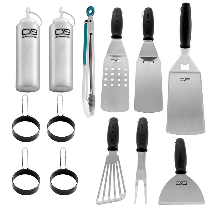 White and black Char-Broil cooking tools set with tongs, spatulas, and egg rings.