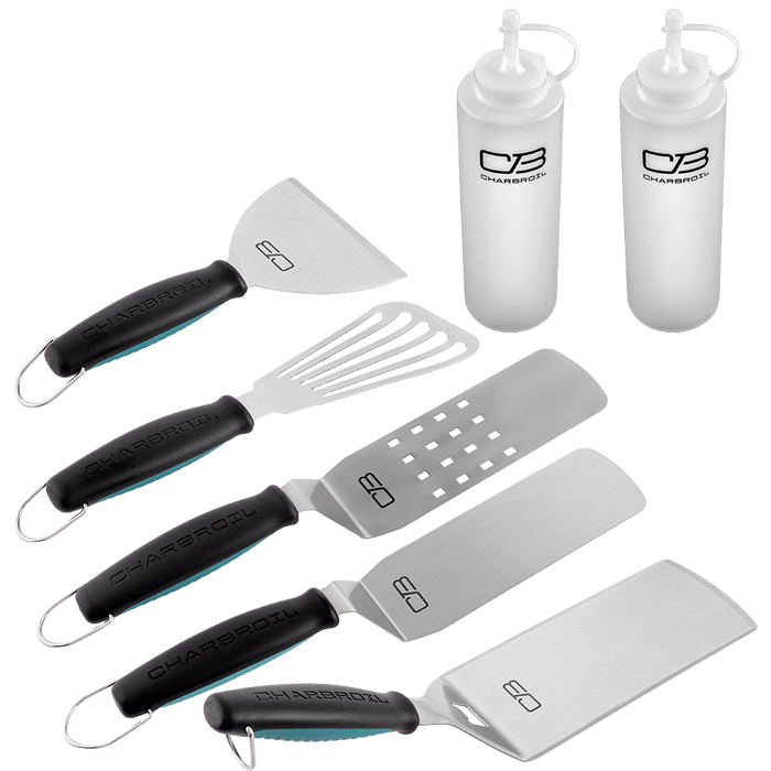 Char-Broil stainless steel grilling tools and squeeze bottles.