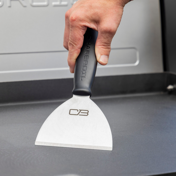 Black Char-Broil scraper with stainless steel blade.