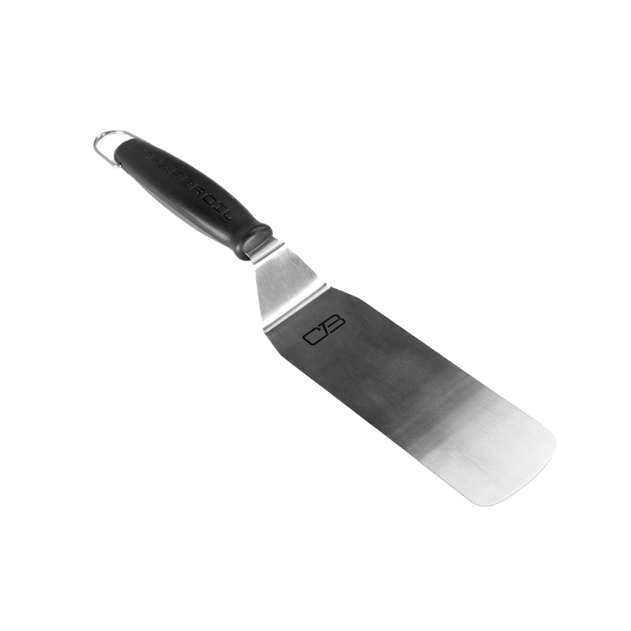 Black-handled, stainless steel spatula with "CHARBROIL" branding.