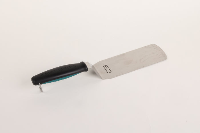 Black and teal-handled kitchen knives with sharp blades.
