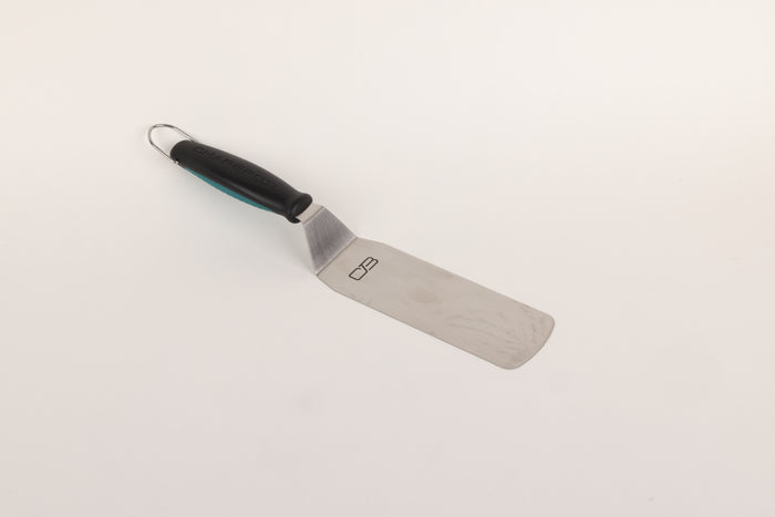 Black-handled metal spatula with hook, stainless steel blade.