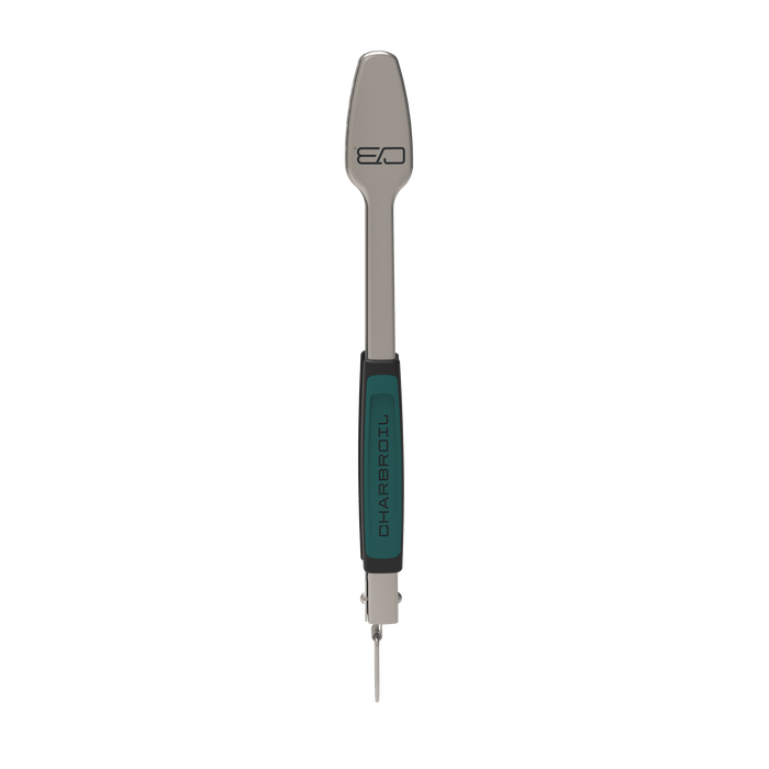 Silver Char-Broil spatula with teal handle and logo.