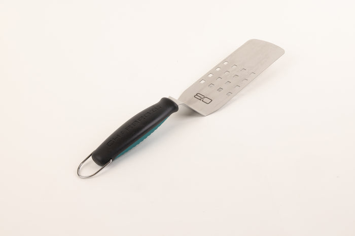 Black-handled kitchen utensil with perforated stainless steel blade and hook.