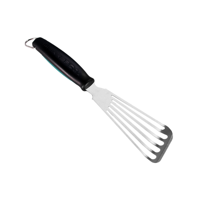 Black-handled Char-Broil spatula with four tines.
