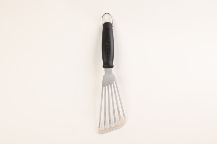 Black-handled grill spatula with metal tines, "CHARBROIL" brand.